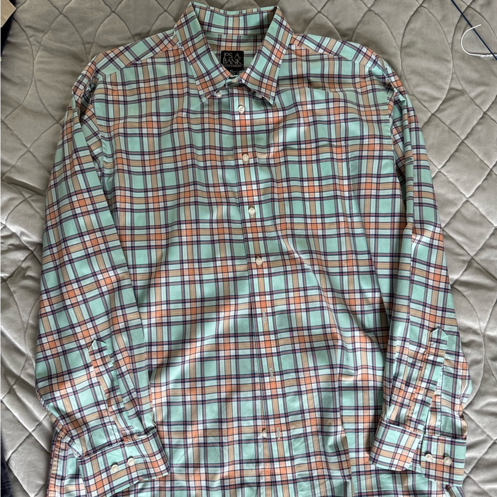Jos A. Bank Green and Brown Plaid Button-Down Shirt